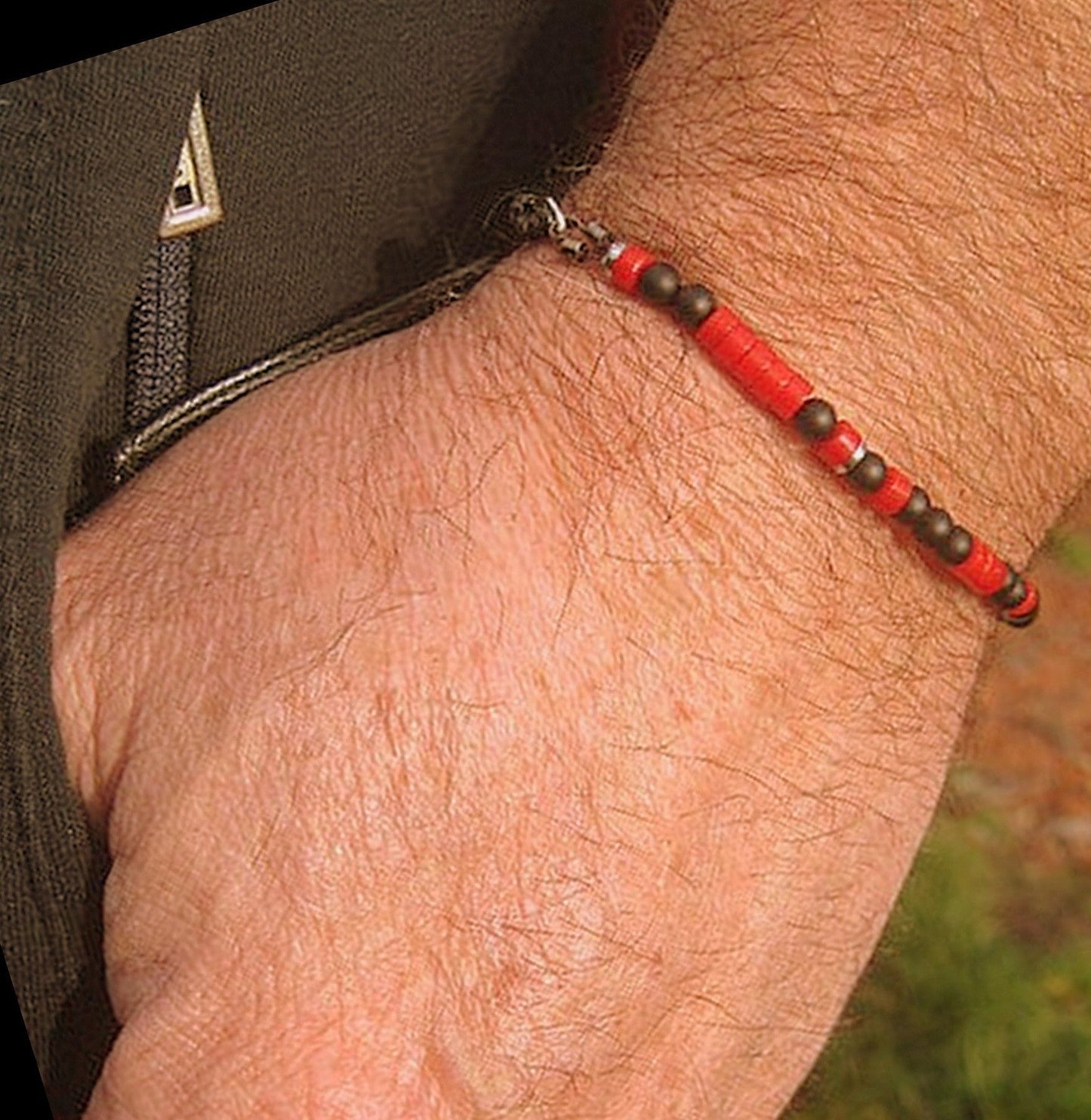 Men/women Bracelet, Coco wood, Hematite, Onyx & RED CORAL, vegan CORD, Healing protection stone Men handmade slim bracelet Men gift