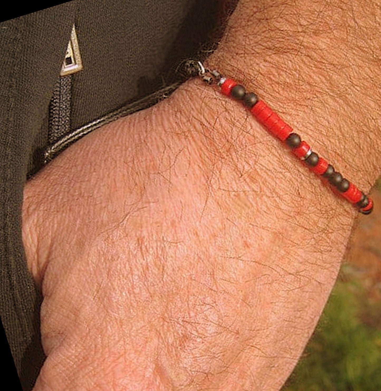 Men/women Bracelet, Onyx Hematite, Coco wood & RED CORAL, vegan CORD, Healing protection stone Men handmade slim bracelet Men gift