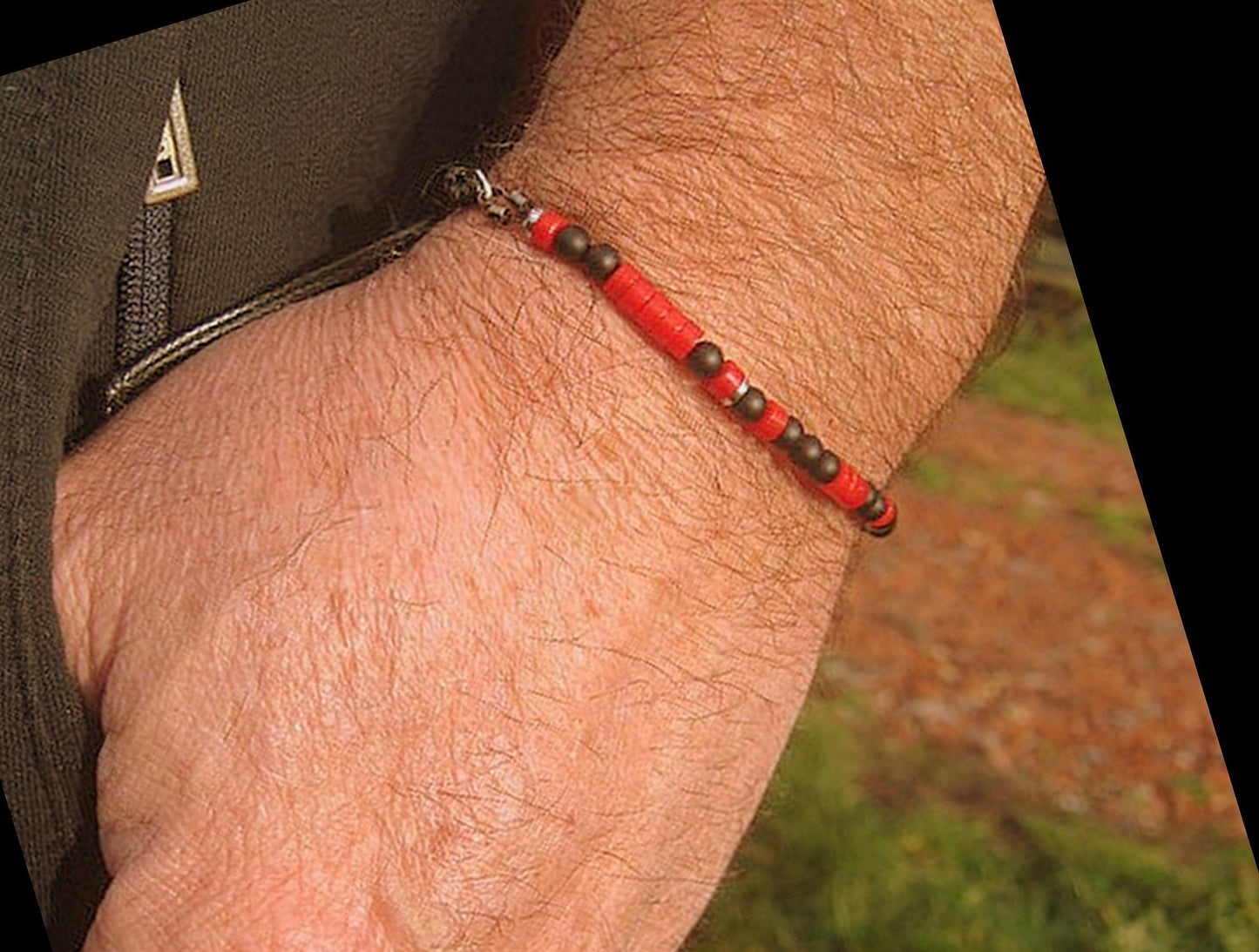 Custom CODE MORSE men/women Bracelet, Hematite, Coco wood, Onyx & RED CORAL, CORD, I love you Secret Message, Healing protection stone Men handmade slim bracelet Men gift