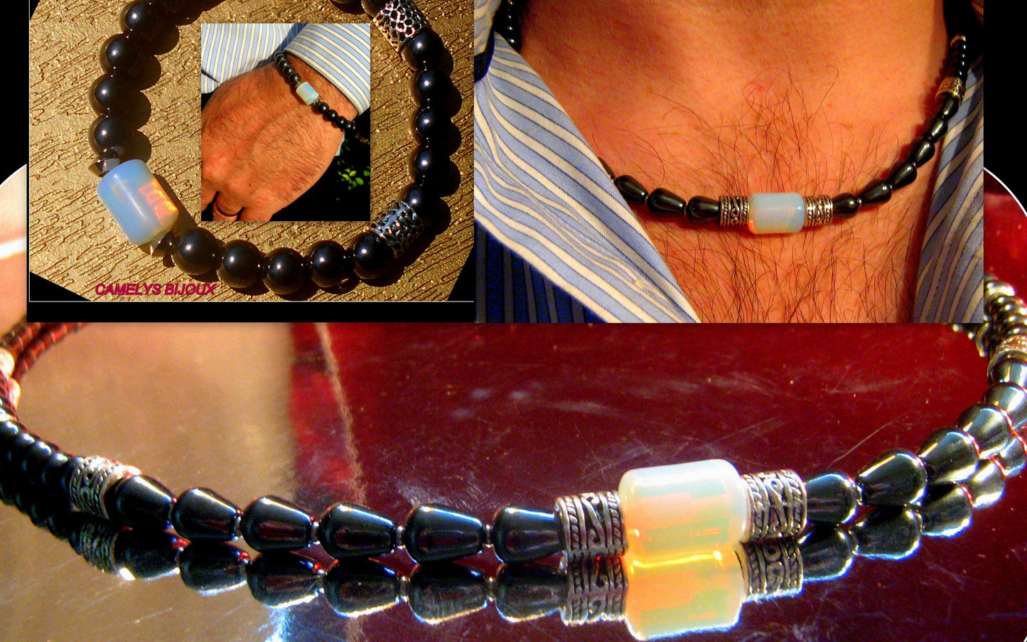 CAMELYS MAGIC 4 MEN - Men Opal Beaded NECKLACE Hematite. Protection & Healing stone Handmade necklace men gift