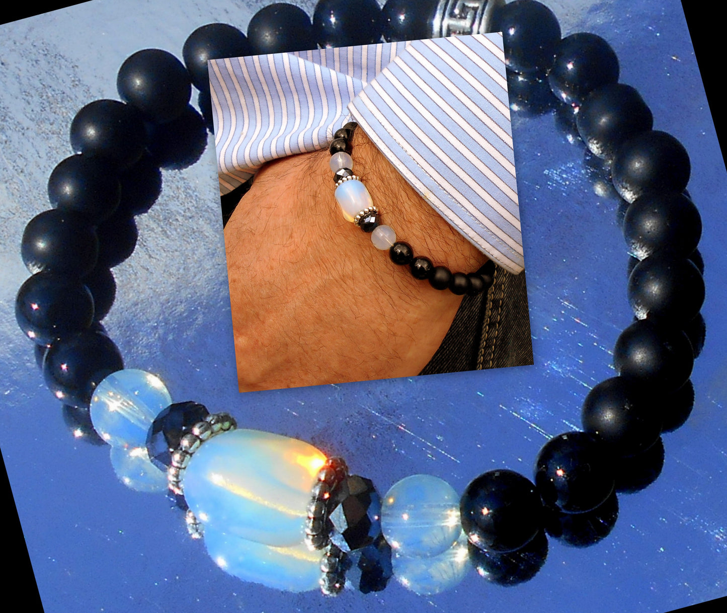 CAMELYS MAGIC 4 MEN - Men stone Opal Bracelet Onyx Hematite Tourmaline Moonstone, Handmade bracelet men gift