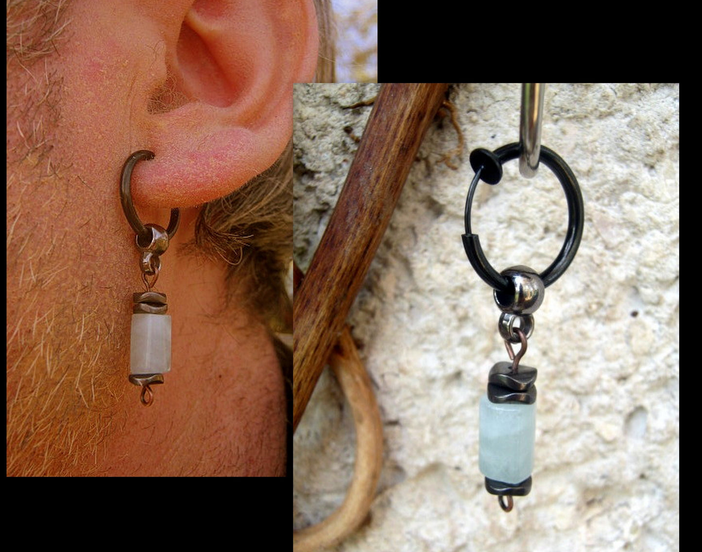 AQUAMARINE stone Hematite men Earring Hoop/ Clip on dangle unisex mono earring, Handmade earring men gift
