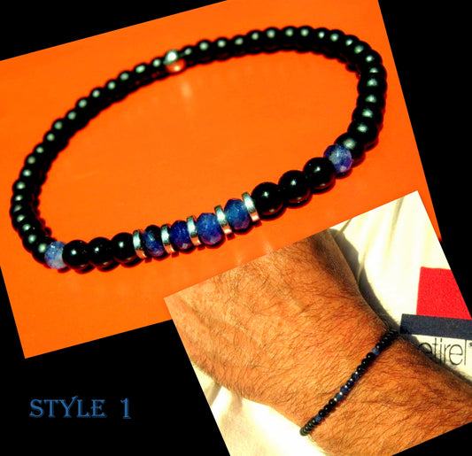 Men tiny SAPPHIRE Onyx precious stone bracelet, protection crystal of awakening, handmade slim bracelet men gift