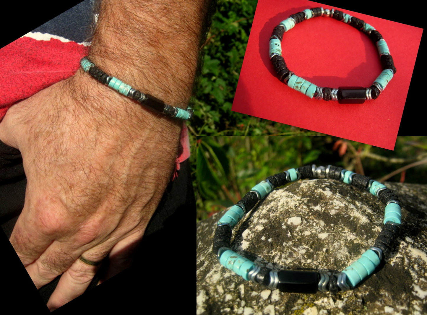 Bracelet african TURQUOISE heishi Hematite Tourmaline Healing stone, handmade bracelet men gift