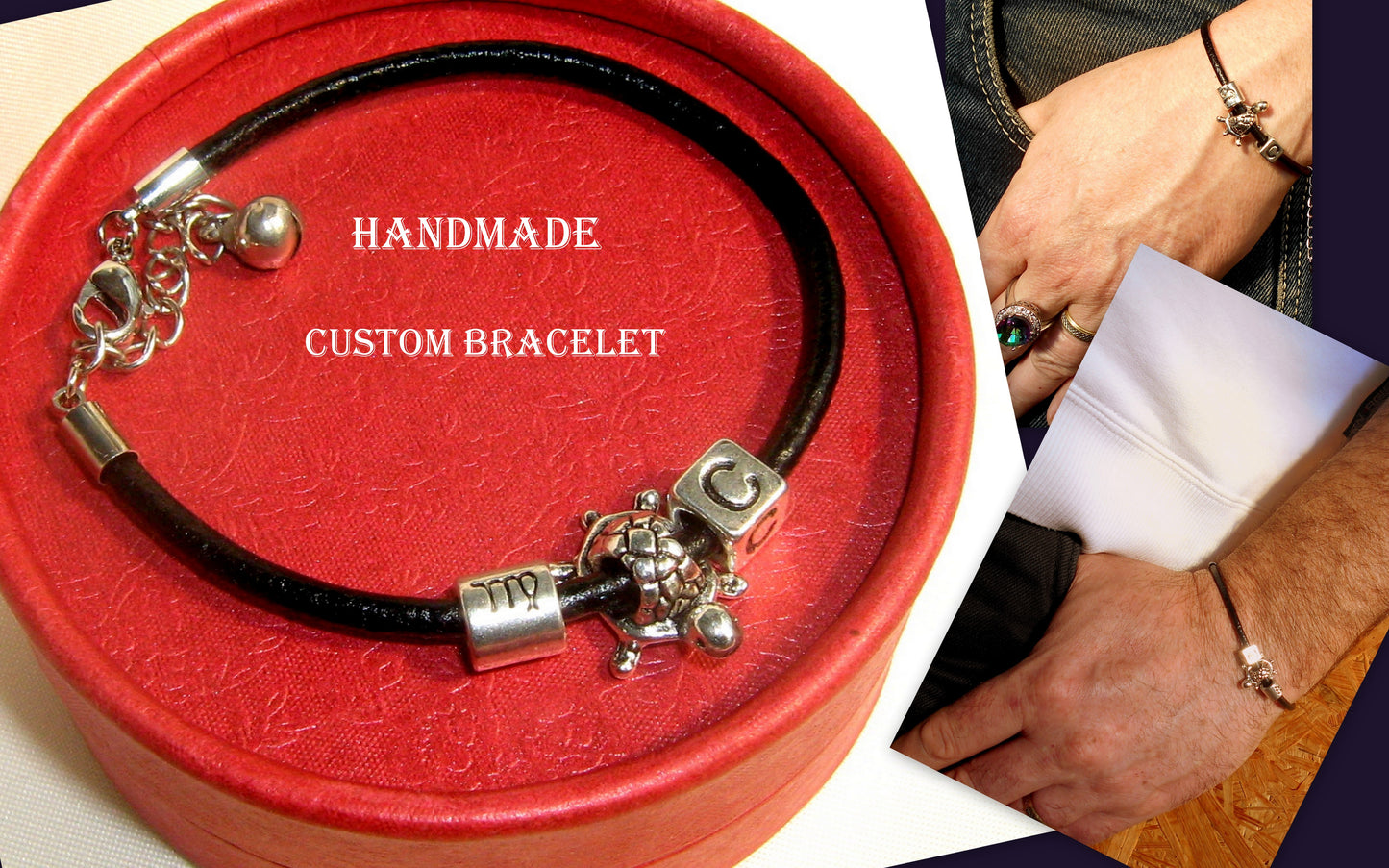 Men silver charm TURTLE custom Leather Bracelet, Stack slim protection Handmade bracelet men gift