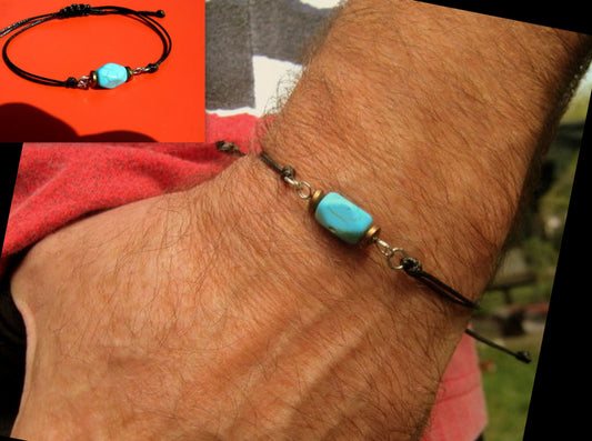 Men TURQUOISE stone bracelet thin Cord slice knot Bracelet, Healing crystal, Stack slim set surfer Handmade bracelet men gift