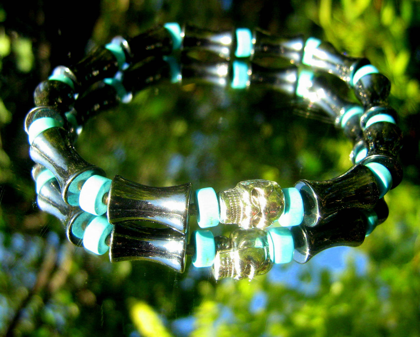 Men Black Hematite Onyx Turquoise stone Bracelet skull, Healing stone, handmade bracelet men gift