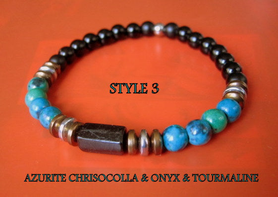 Men Turquoise CHRISOCOLLA stone Bracelet Onyx Tourmaline & LAVA coco wood beads Hematite Healing stone, Tribal handmade bracelet men gift