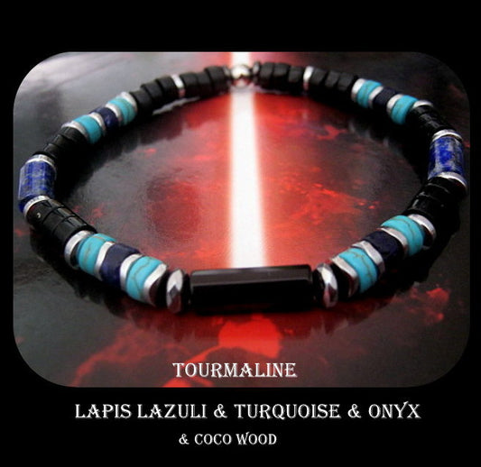 Men Bracelet LAPIS LAZULI Turquoise Tourmaline coco wood Protection stone, handmade bracelet men gift