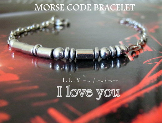 Custom CODE MORSE men/women Bracelet blue Hematite & Stainless steel chain, I love you Secret Message, Healing protection stone Men handmade slim bracelet Men gift