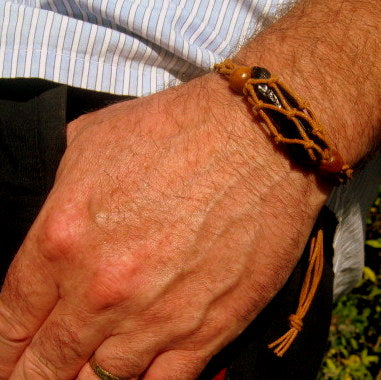 Men OBSIDIAN TURQUOISE raw stone, Sandalwood Hematite bracelet thin Cord slice knot Bracelet, Healing crystal, Stack slim set surfer Handmade bracelet men gift