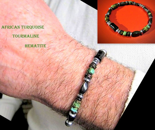 Men Bracelet green african TURQUOISE Tourmaline Onyx Lava Coco wood heishi Hematite Healing stone, handmade bracelet men gift