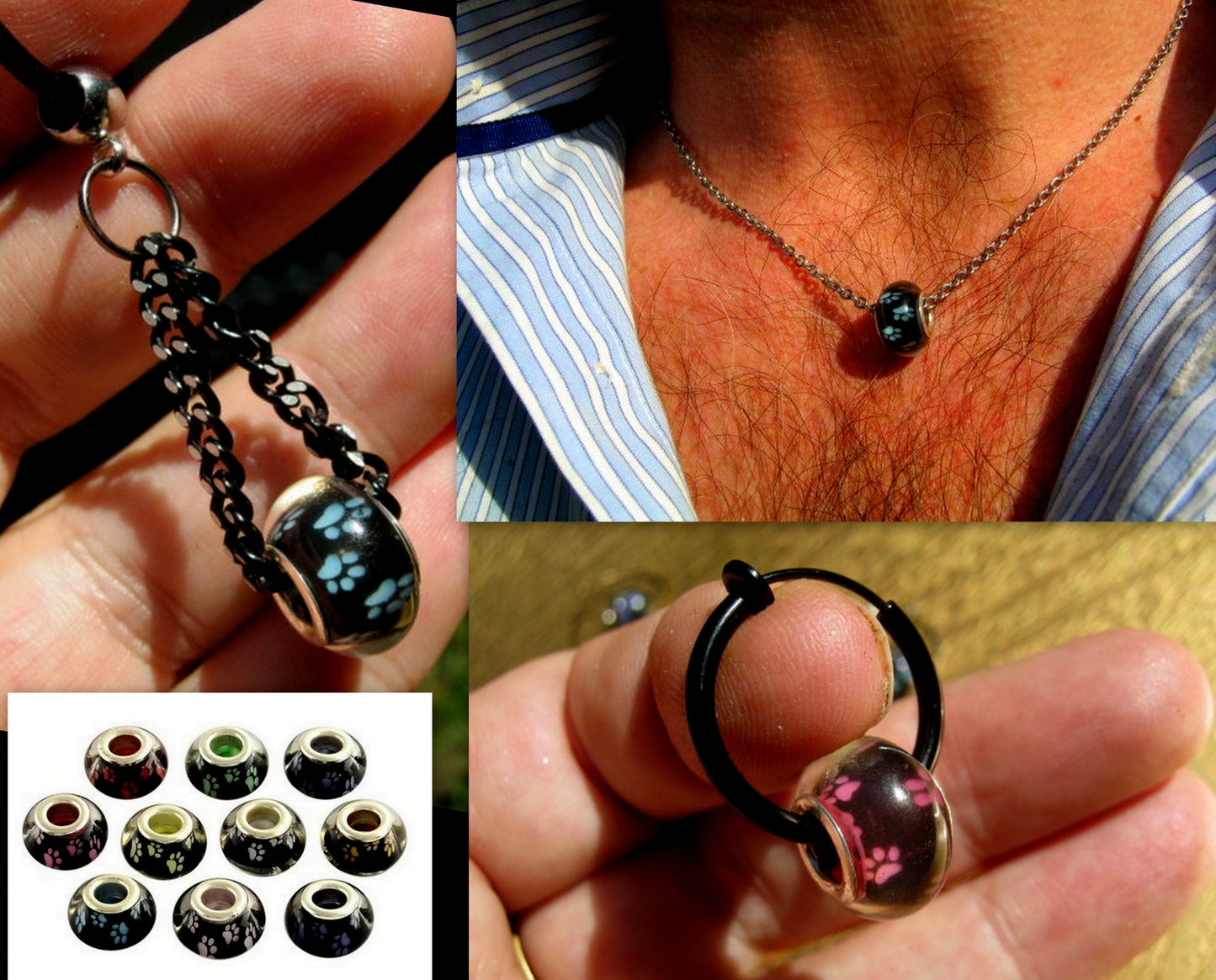 Men Earring pet dog cat paw print, donut , Dangle Hoop/ clip on black, Handmade earring men women gift