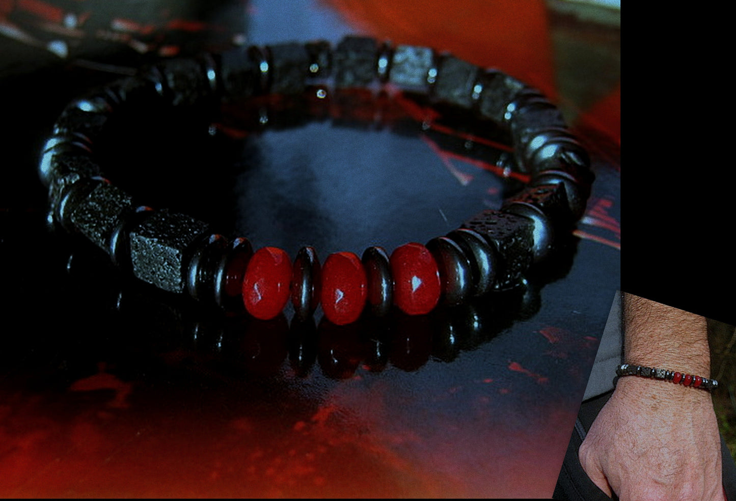 CAMELYS MAGIC 4 MEN - Men RUBY Black Lava Onyx Hematite bracelet, protection abundance stone handmade bracelet men gift