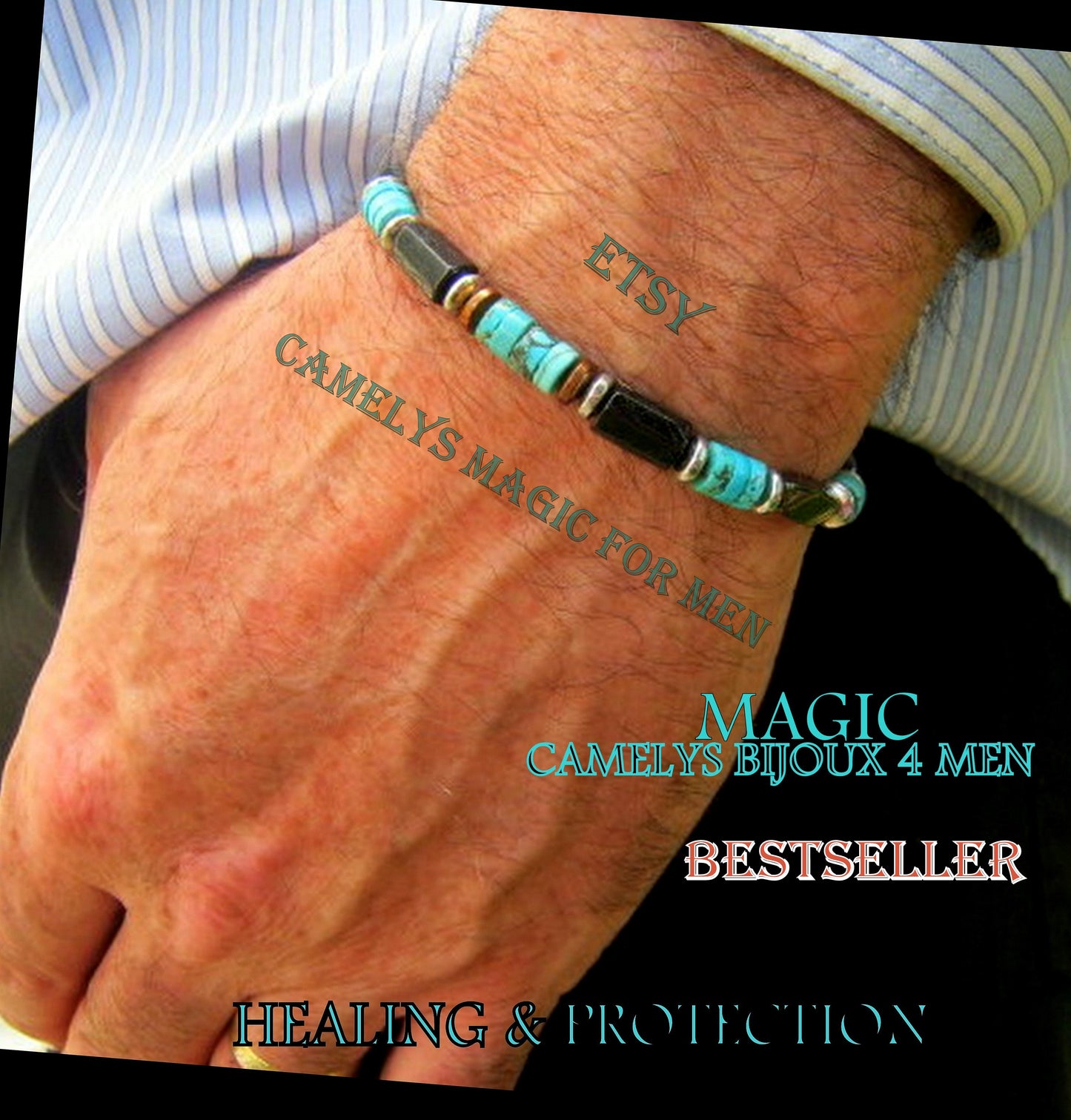 Men african blue TURQUOISE Bracelet Tourmaline Onyx heishi Hematite Healing stone, handmade bracelet men gift