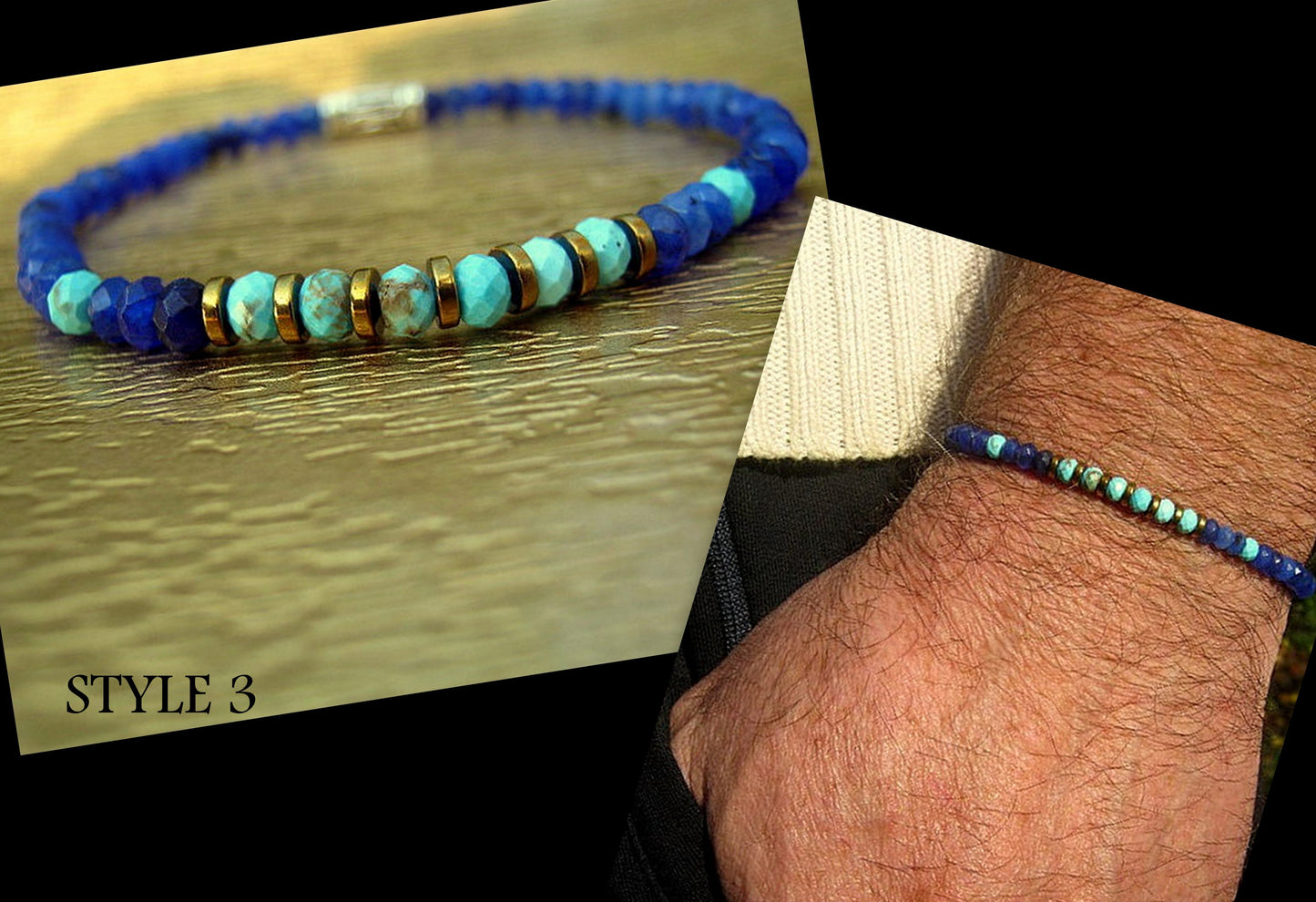 Men tiny SAPPHIRE Turquoise Onyx precious stone bracelet, protection crystal of awakening, handmade slim bracelet men gift