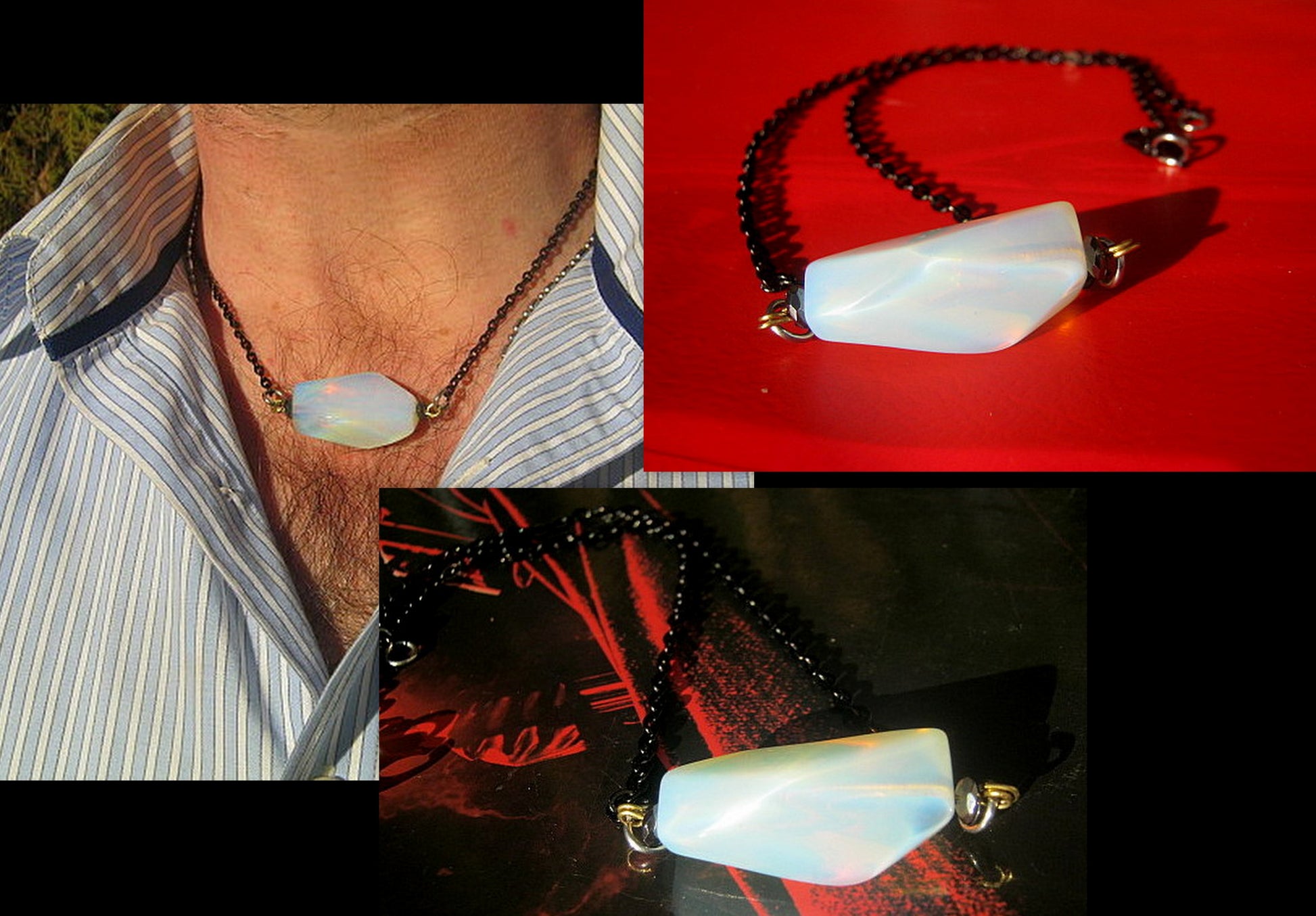 CAMELYS MAGIC 4 MEN - OPAL stone men pendant long Necklace EMF Protection, healing crystal, black chain stainless steel handmade necklace Men Gift