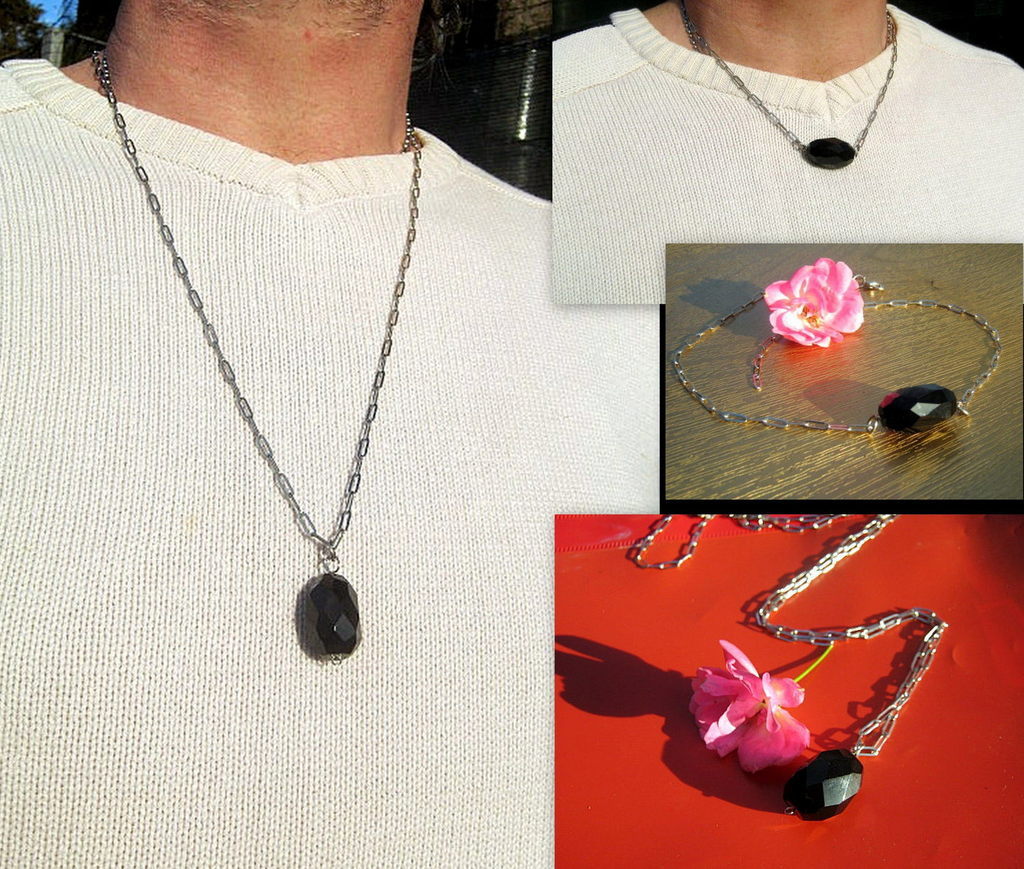 OBSIDIAN stone men pendant Necklace EMF Protection, healing crystal, silver chain stainless steel/cord/leather handmade necklace Men /couple Gift