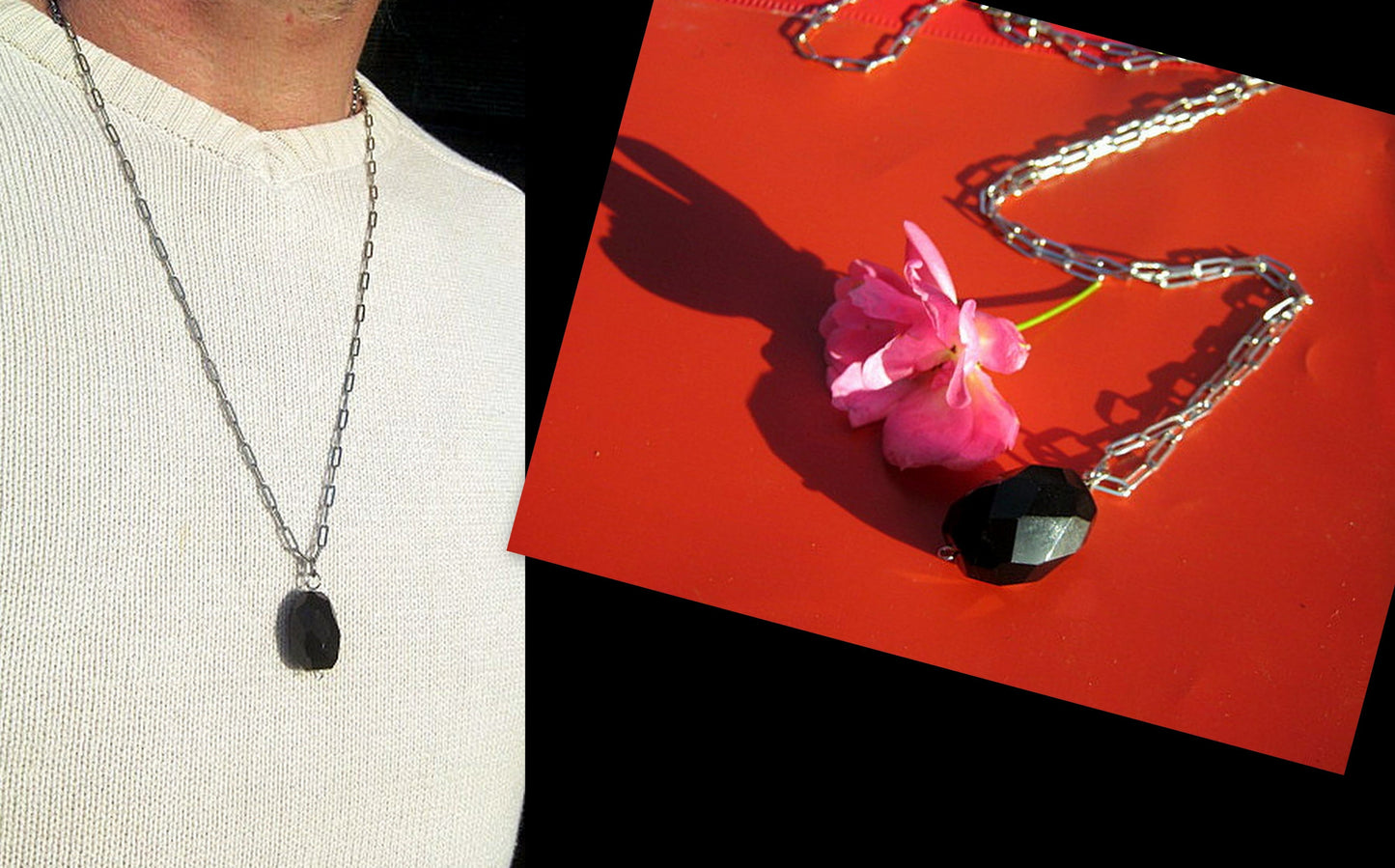 OBSIDIAN stone men pendant Necklace EMF Protection, healing crystal, silver chain stainless steel/cord/leather handmade necklace Men /couple Gift