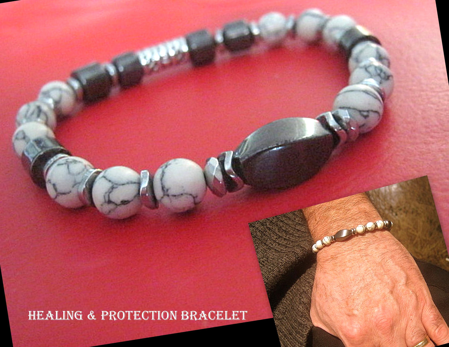 Men Bracelet HEMATITE, WHITE HOWLITE spiritual jewelry Mala Protection Bracelet Healing stone, handmade bracelet men gift