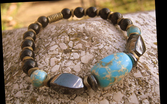 Men Bracelet blue AFRICAN TURQUOISE Hematite Onyx, spiritual jewelry Mala Protection Bracelet Healing stone, handmade bracelet men gift