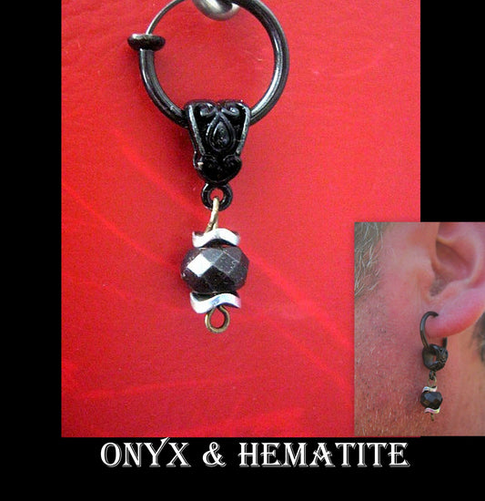 Men black ONYX Earring & AQUAMARINE stone, Dangle Hoop/ clip on , Stainless steel , Handmade earring men gift
