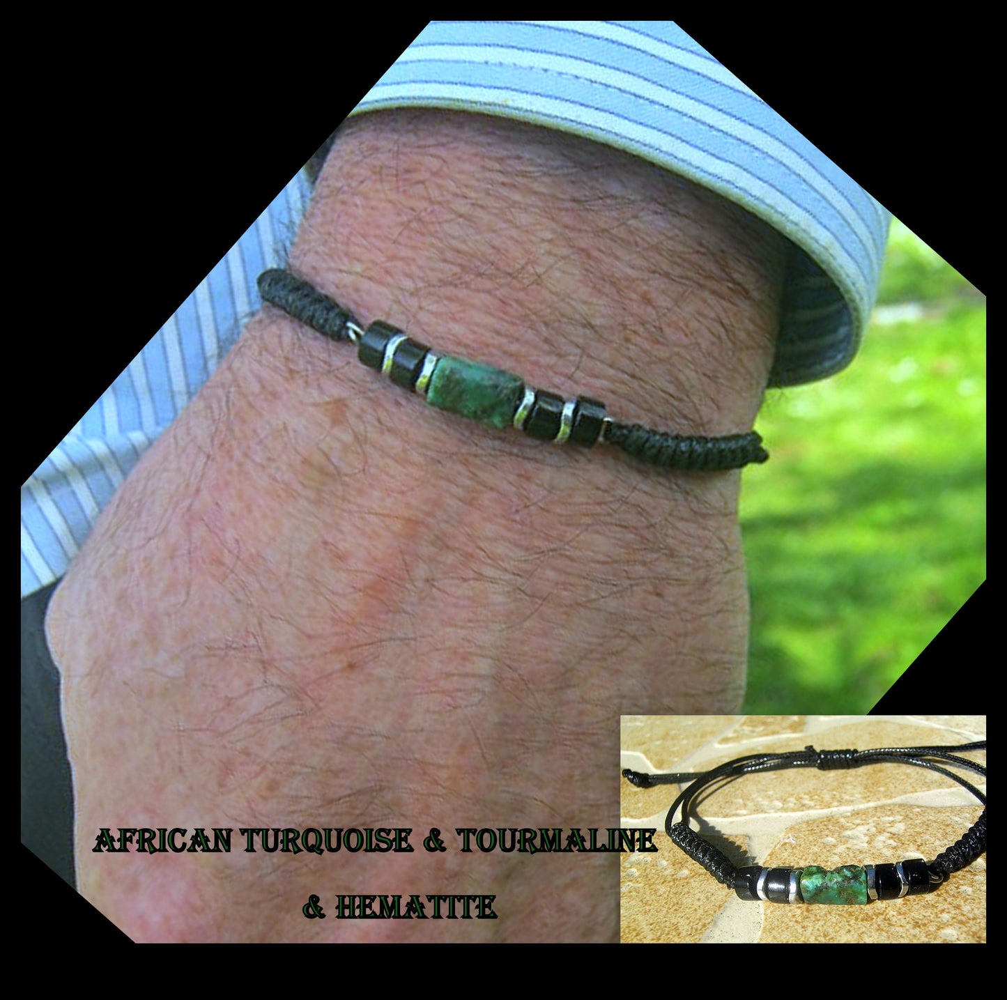 African TURQUOISE Tourmaline Hematite heishi men bracelet Cord slice knot slim set surfer bracelet, protection stone Men/ couple gift,Handmade bracelet