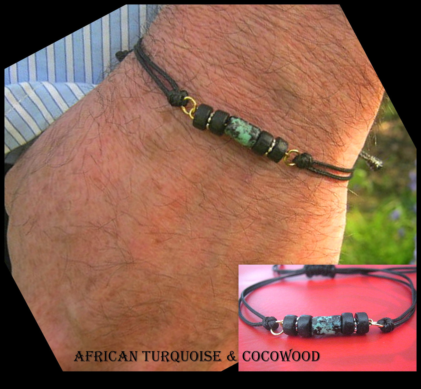 Green African TURQUOISE Coco wood men bracelet Cord slice knot slim set surfer bracelet, protection stone Men/ couple gift,Handmade bracelet