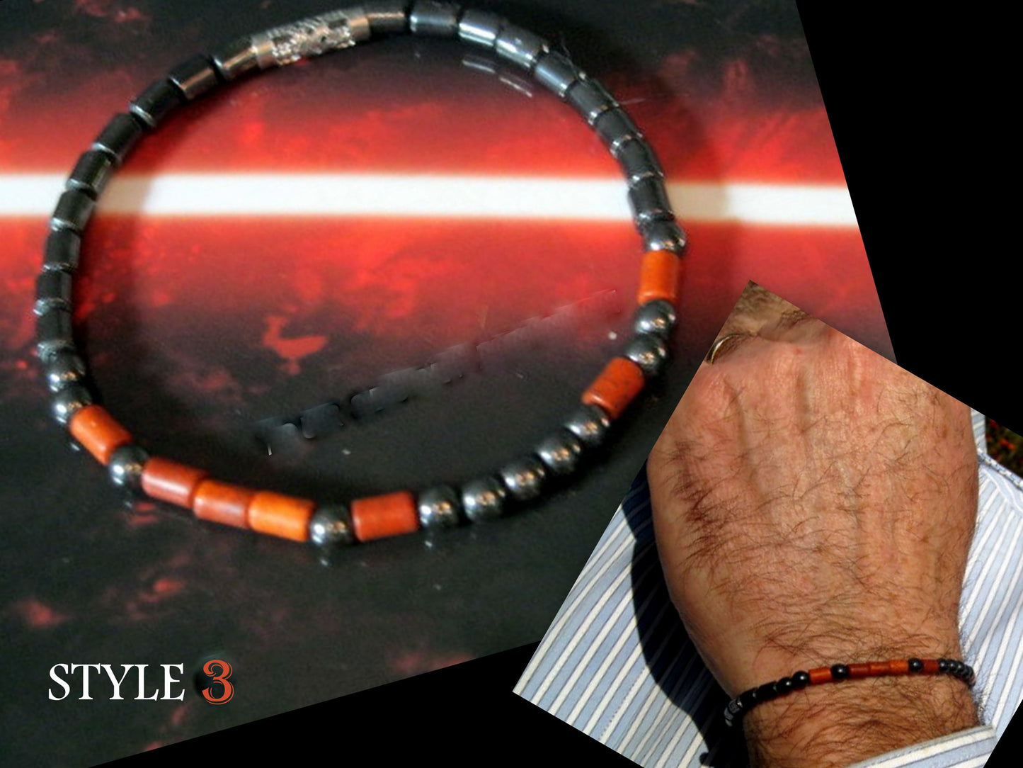 Men slim bracelet Coral, Hematite gemstone, silver unisex Bracelet, handmade slim bracelet men gift
