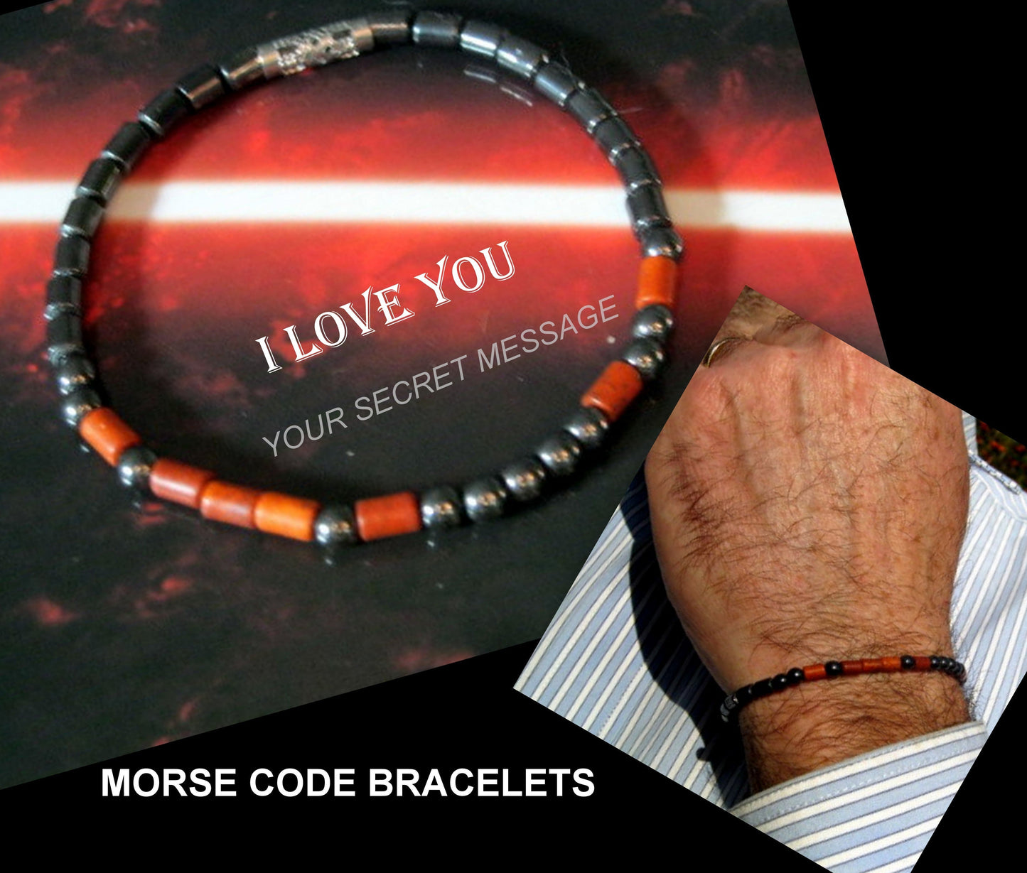 Custom MORSE CODE men/women Bracelet, Hematite & white/ red Coral, I love you Secret Message, Healing protection stone Men handmade slim bracelet Men gift