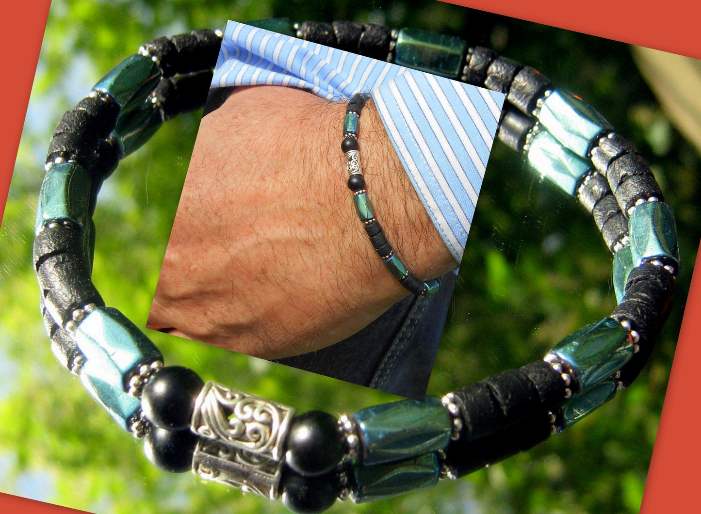 Men green Hematite coco wood Bracelet Healing stone, handmade bracelet men gift