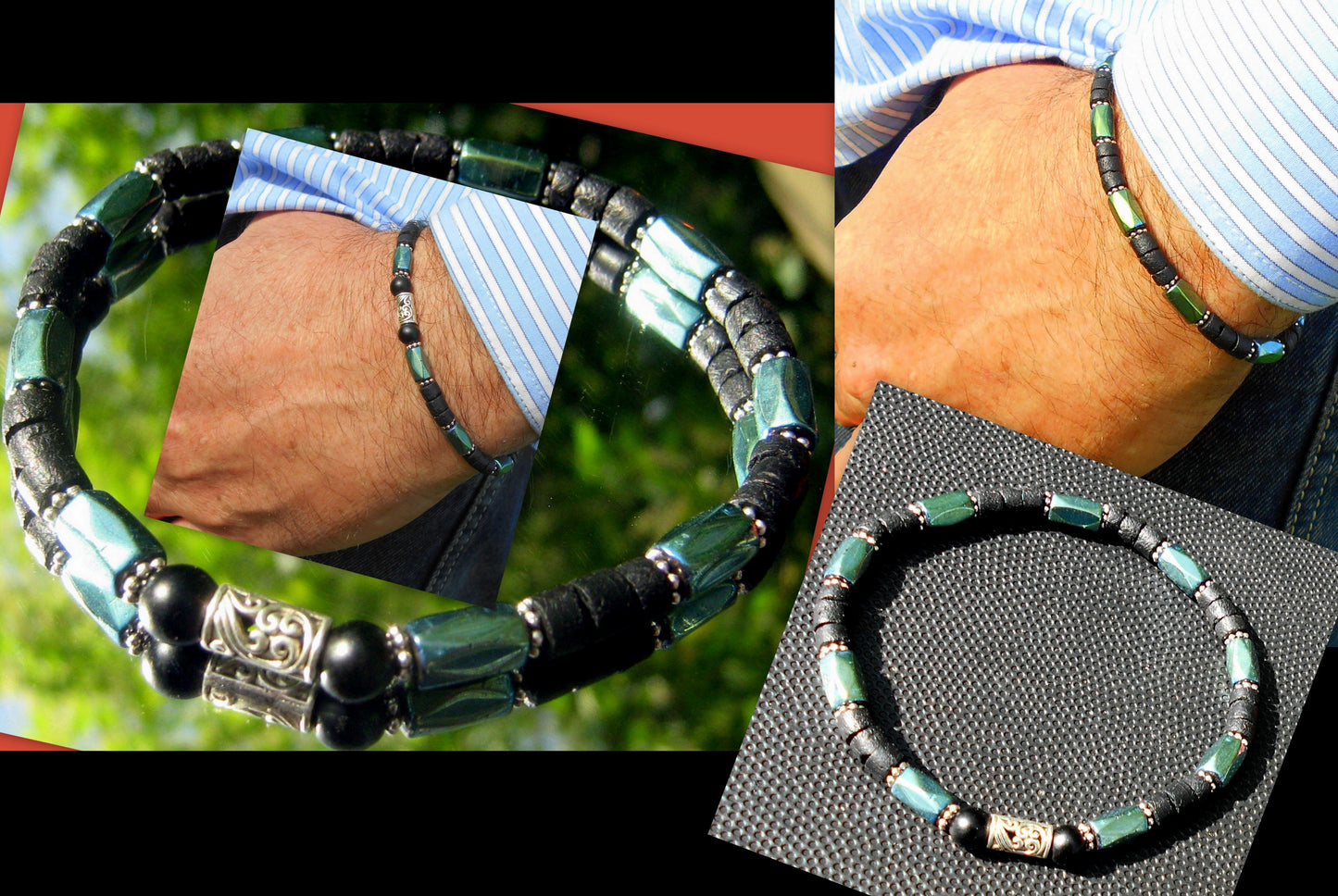 Men green Hematite Onyx Coco wood Bracelet Healing stone, handmade bracelet men gift