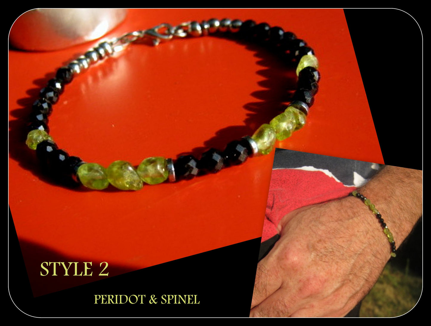 Men tiny raw PERIDOT green Black Diamond Spinel Tourmaline bracelet, protection precious stone Handmade slim bracelet men gift