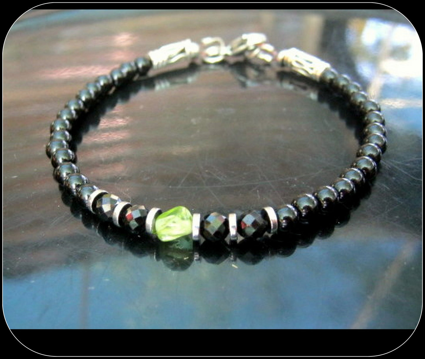 Men tiny raw PERIDOT green Black Diamond Spinel Tourmaline bracelet, protection precious stone Handmade slim bracelet men gift