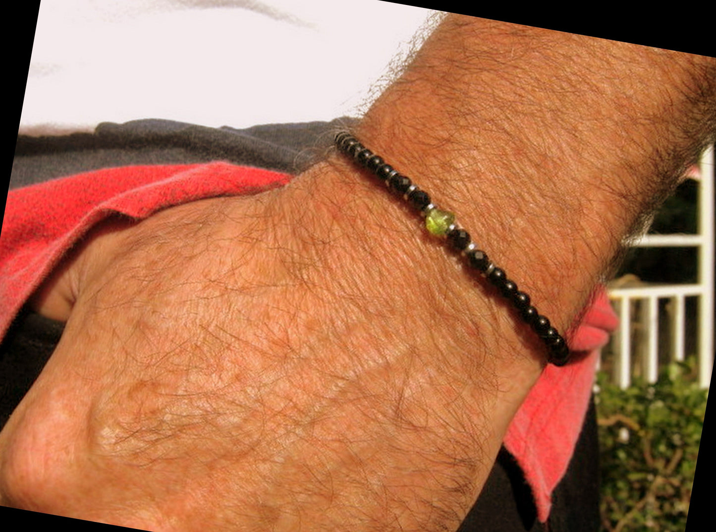 Men tiny raw PERIDOT green Black Diamond Spinel Tourmaline bracelet, protection precious stone Handmade slim bracelet men gift