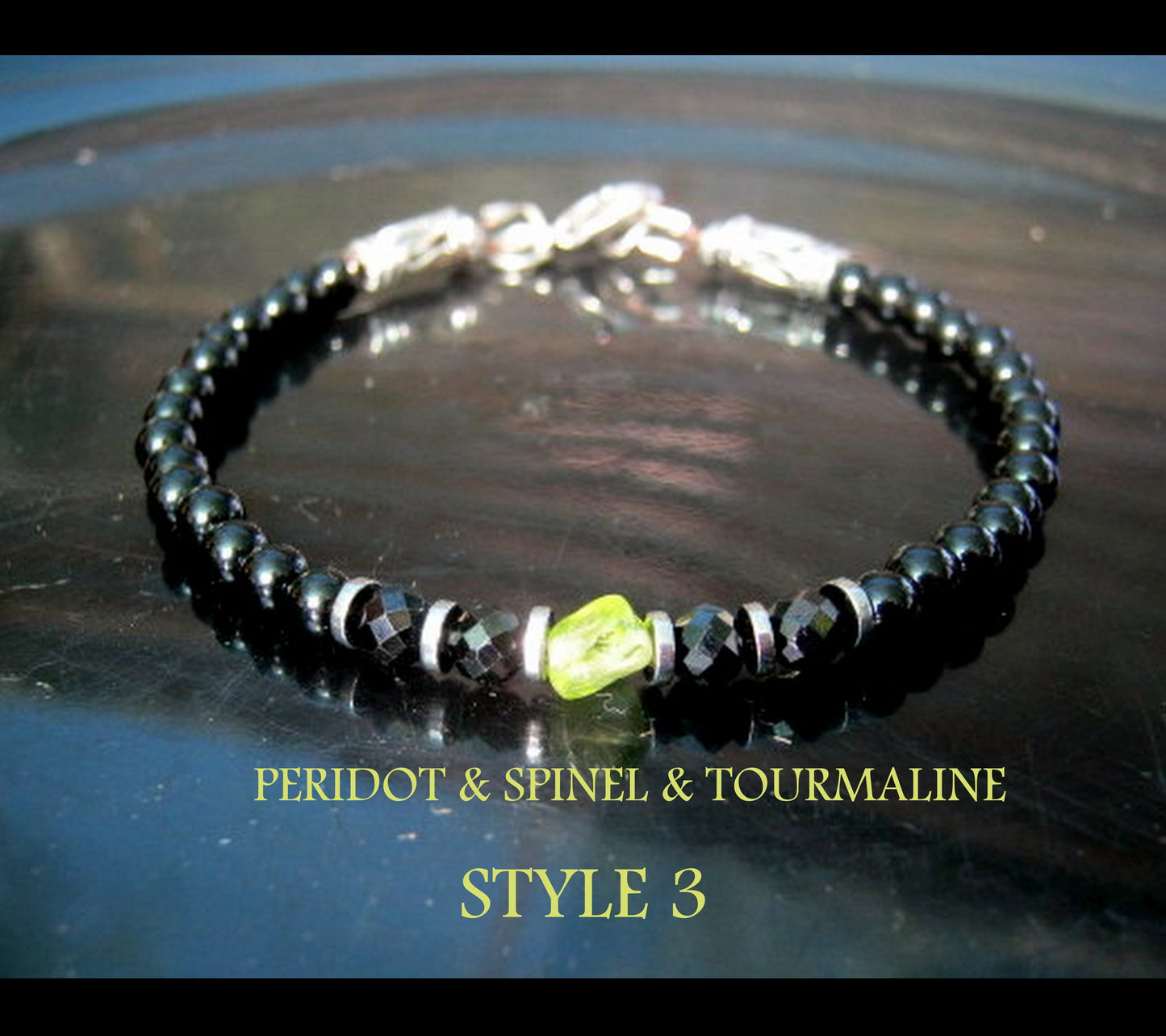 Men tiny raw PERIDOT green Black Diamond Spinel Tourmaline bracelet, protection precious stone Handmade slim bracelet men gift