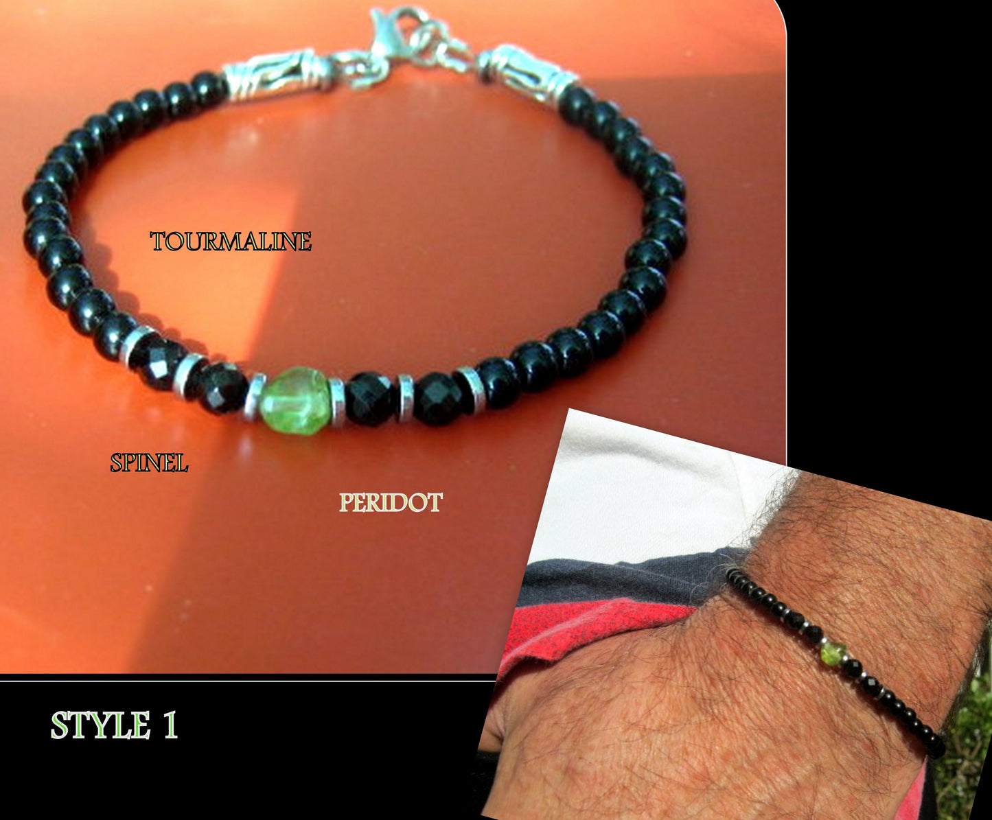 Men tiny raw PERIDOT green Black Diamond Spinel Tourmaline bracelet, protection precious stone Handmade slim bracelet men gift