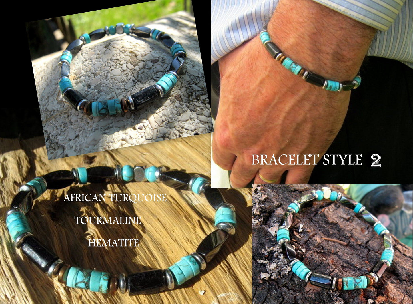 CAMELYS MAGIC 4 MEN - Bracelet african TURQUOISE Tourmaline Onyx Lava Coco wood heishi Hematite Healing stone, handmade bracelet men gift