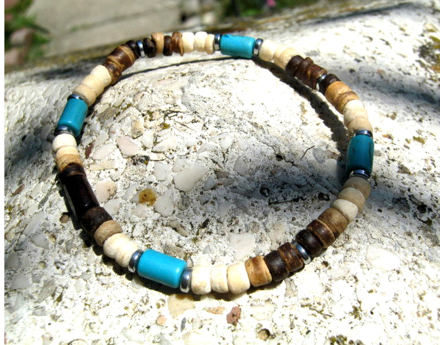 Men TURQUOISE white Coco wood heishi Surfer Tribal set Bracelets, Healing stone, handmade bracelet men gift