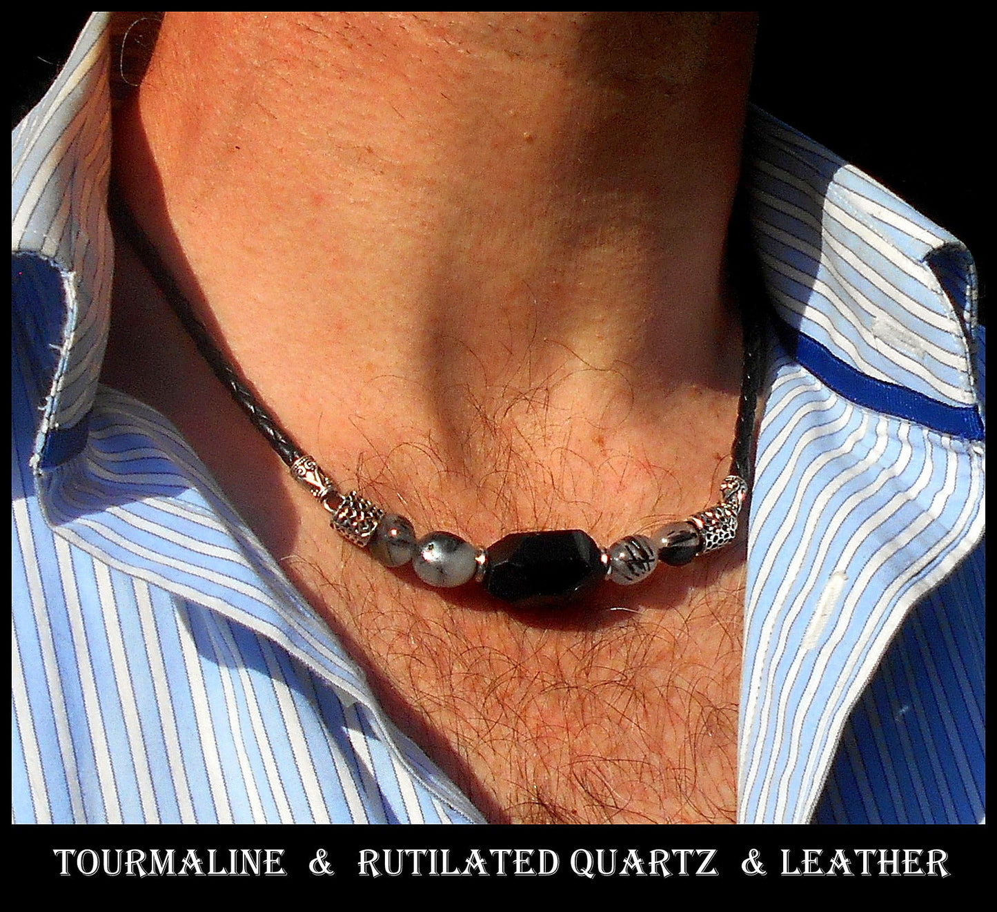 TOURMALINE Lava Rutilated quartz Citrine Tiger Eye stone men Necklace EMF Protection, healing crystal, black leather handmade necklace Men /couple Gift