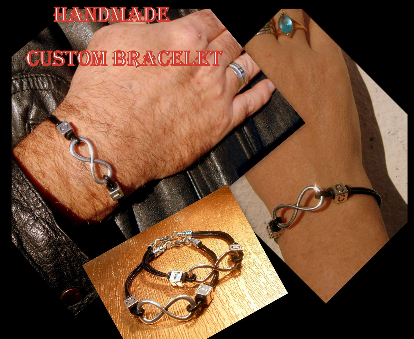 Custom Bracelets couple silver INFINITY, leather /cord long distance bracelet, Stack Handmade bracelet WITCH,couple gift