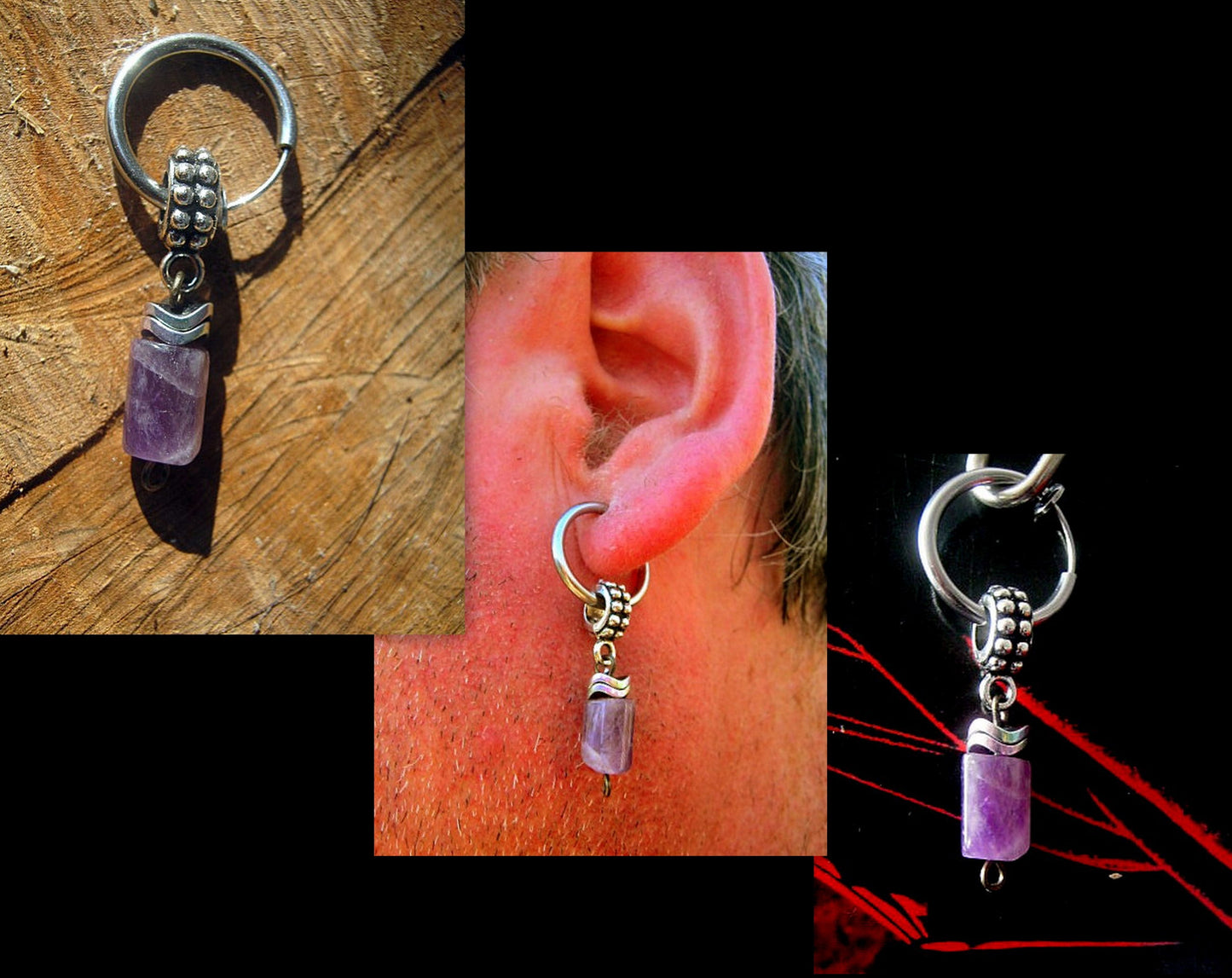 Men Earring AMETHYST stone & Hematite stone, Dangle Hoop/ clip on black, mono single unisex stone Handmade earring men gift