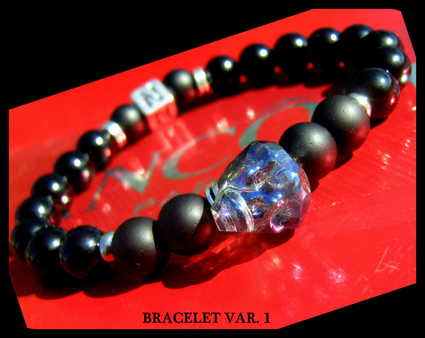 Men Swarovski SKULL custom Bracelet Tourmaline ONYX stone blue/black Skull punk bracelet, Handmade bracelet men gift