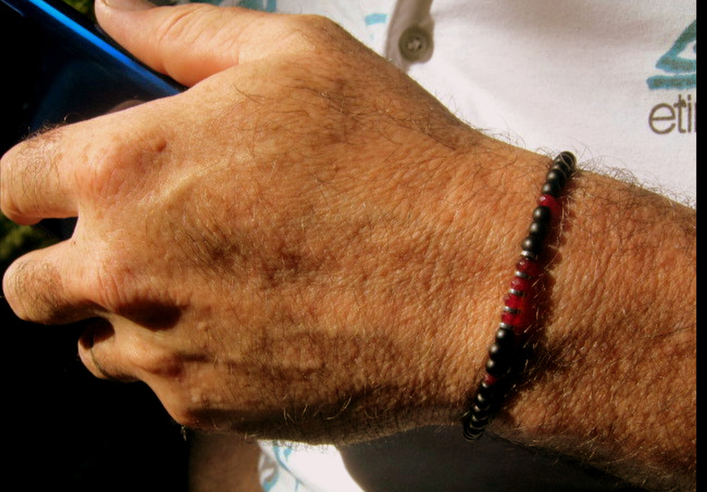 Men tiny RUBY Onyx Tourmaline Black Diamond Spinel Hematite bracelet, protection precious stone handmade slim bracelet men gift