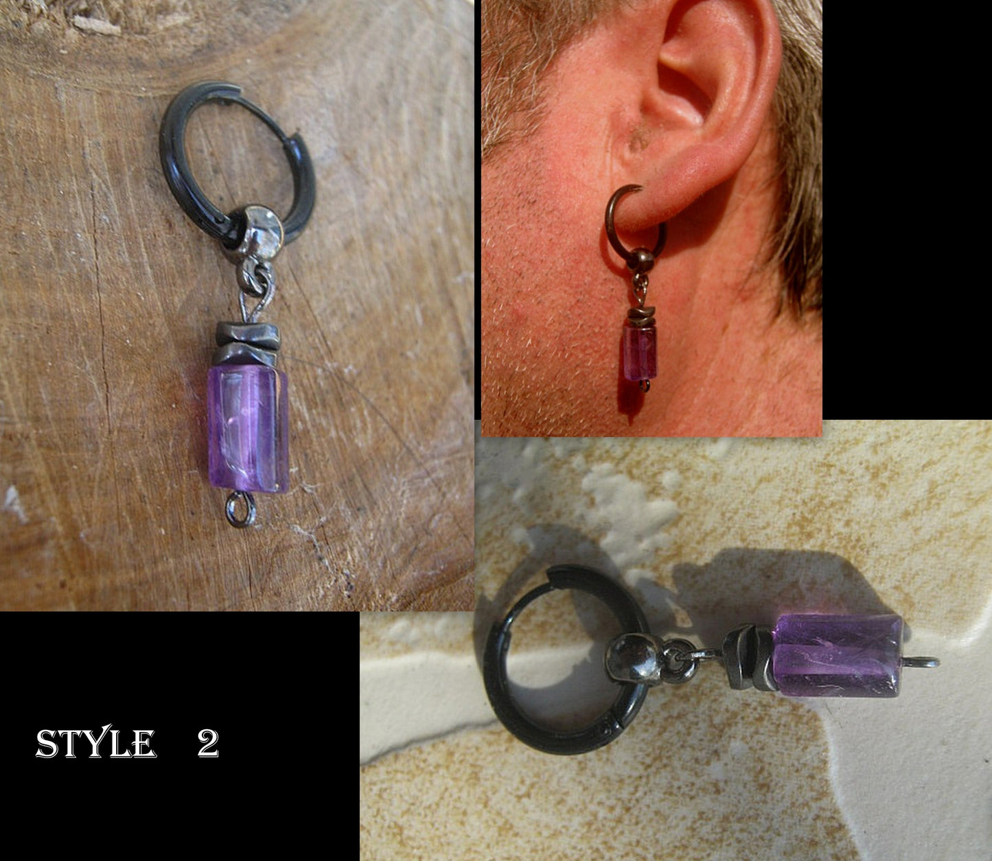 Men Earring AMETHYST stone & Hematite stone, Dangle Hoop/ clip on black, mono single unisex stone Handmade earring men gift