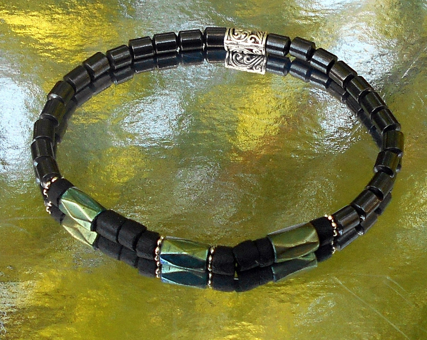 Men green Hematite Onyx coco wood Bracelet Healing stone, handmade bracelet men gift