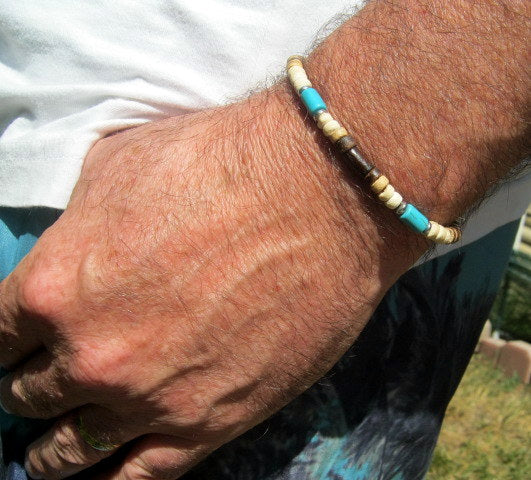 Men TURQUOISE white Coco wood heishi Surfer Tribal set Bracelets, Healing stone, handmade bracelet men gift