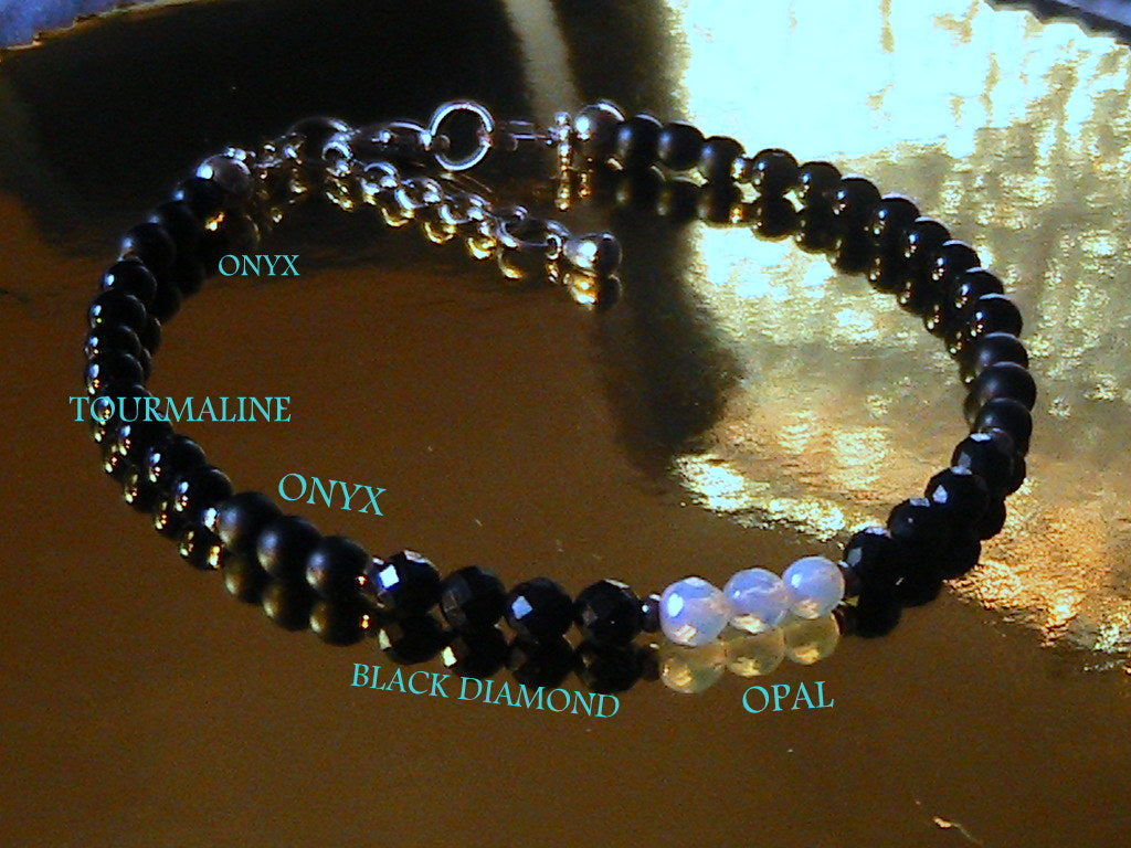 Men tiny OPAL Moonstone Onyx Tourmaline Spinel Black Diamond bracelet, protection precious which stone handmade slim bracelet men gift