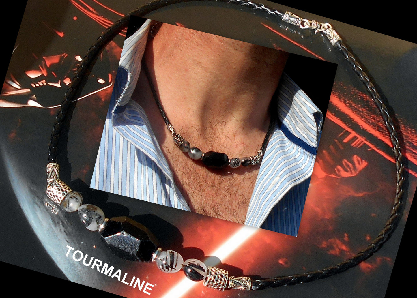 TOURMALINE Citrine Tiger Eye Rutilated quartz Lava stone men Necklace EMF Protection, healing crystal, black leather handmade necklace Men /couple Gift