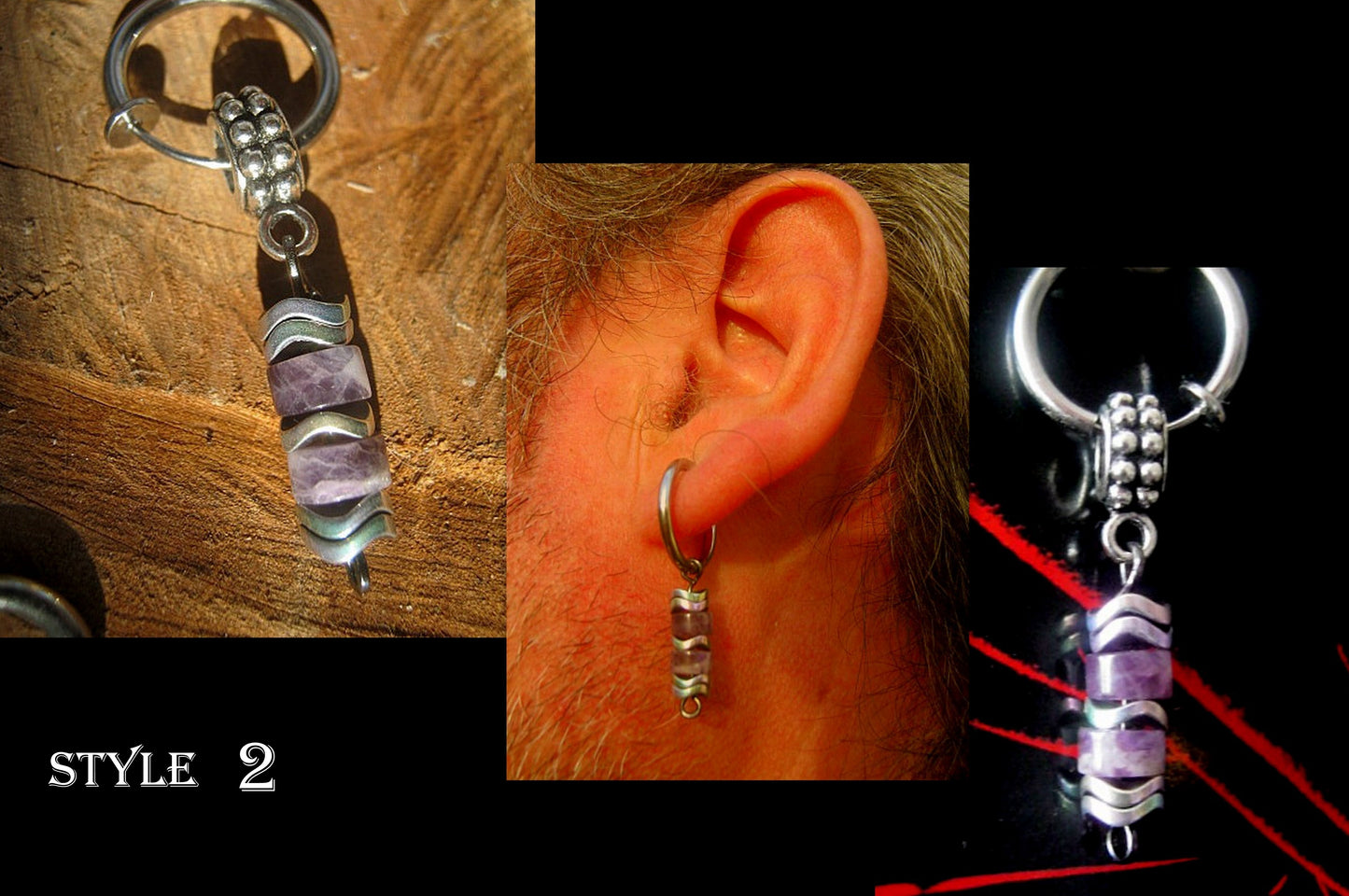 Men Earring AMETHYST heishi & Hematite stone, Dangle Hoop/ clip on black, mono single unisex stone Handmade earring men gift